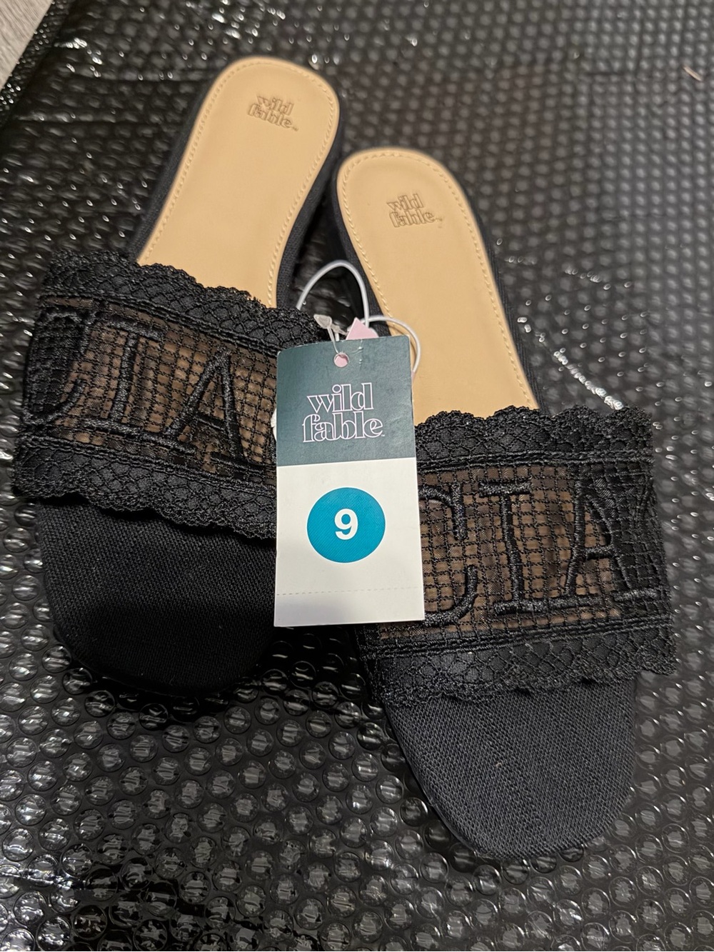 wild fable Black Lace Slide Mules with Tan Footbed